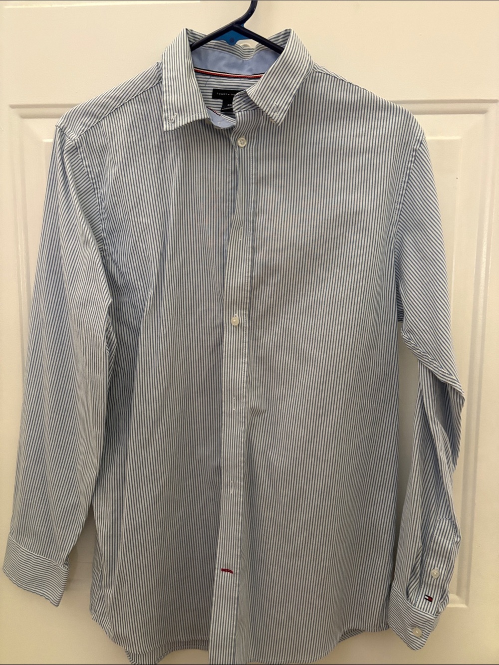 Tommy Hilfiger Boys Light Blue and White Pinstripe Dress Shirt